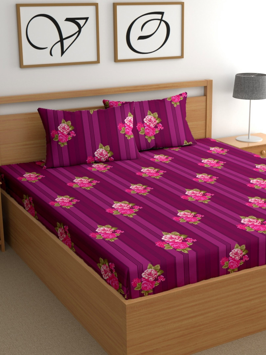 CG HOMES Satin Purple Floral Microfiber 210 TC Fitted King Fine Bedsheet with 2 Pillow Covers-98 x 89 inches