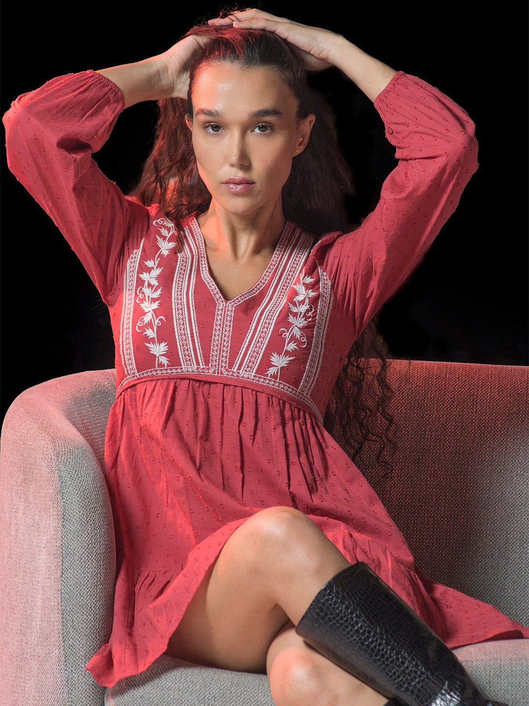 Virgio Pure Cotton Dress With Intricate Contrast Embroidery