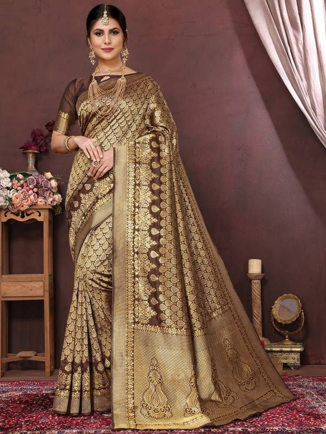 MUSKAN CREATION Floral Zari Silk Cotton Kanjeevaram Saree
