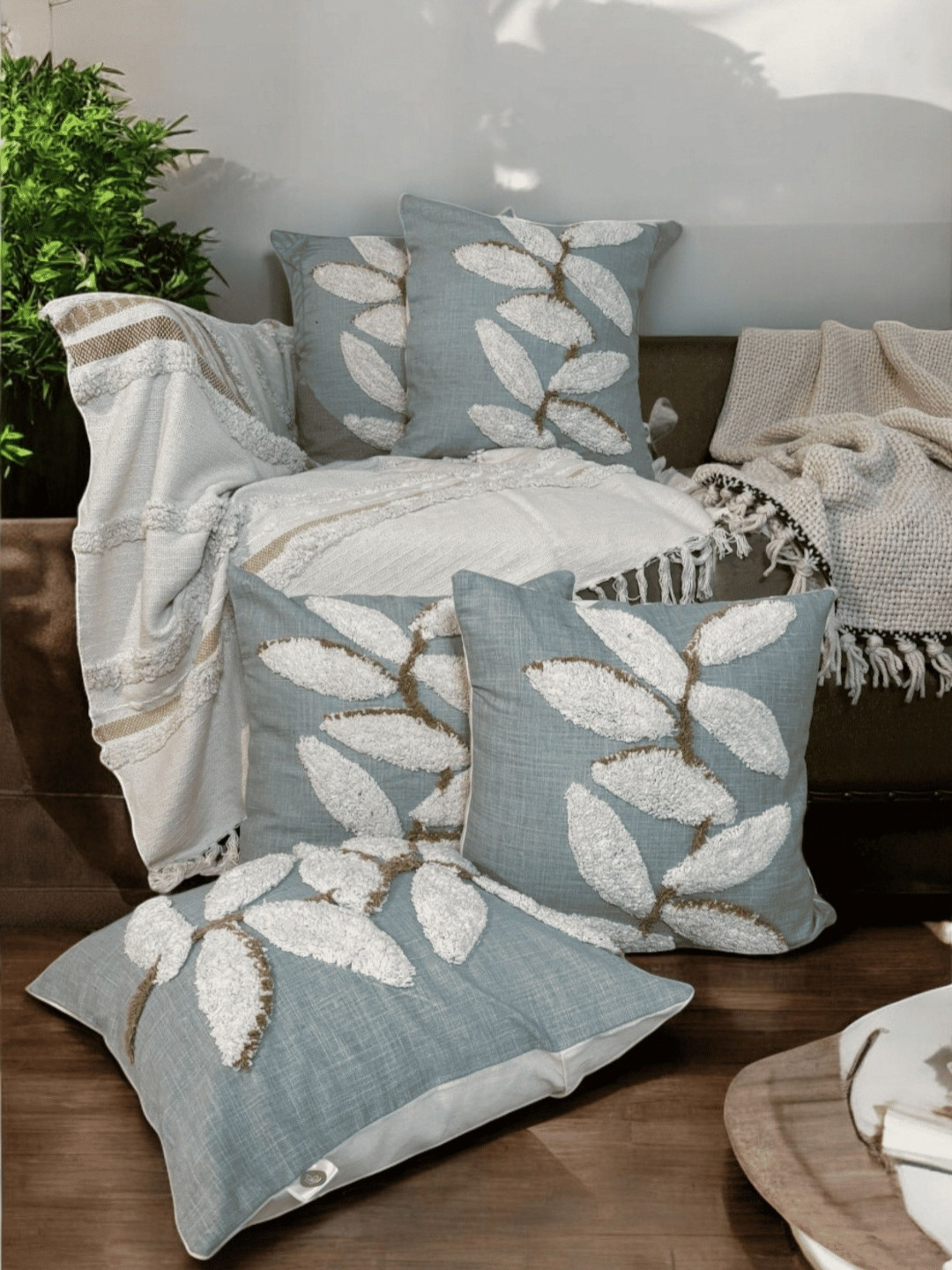 LUSHLYF Aqua Leaf Tufted Blue Quirky Cotton 5 Pcs Textured Square Cushion Covers -18x18In