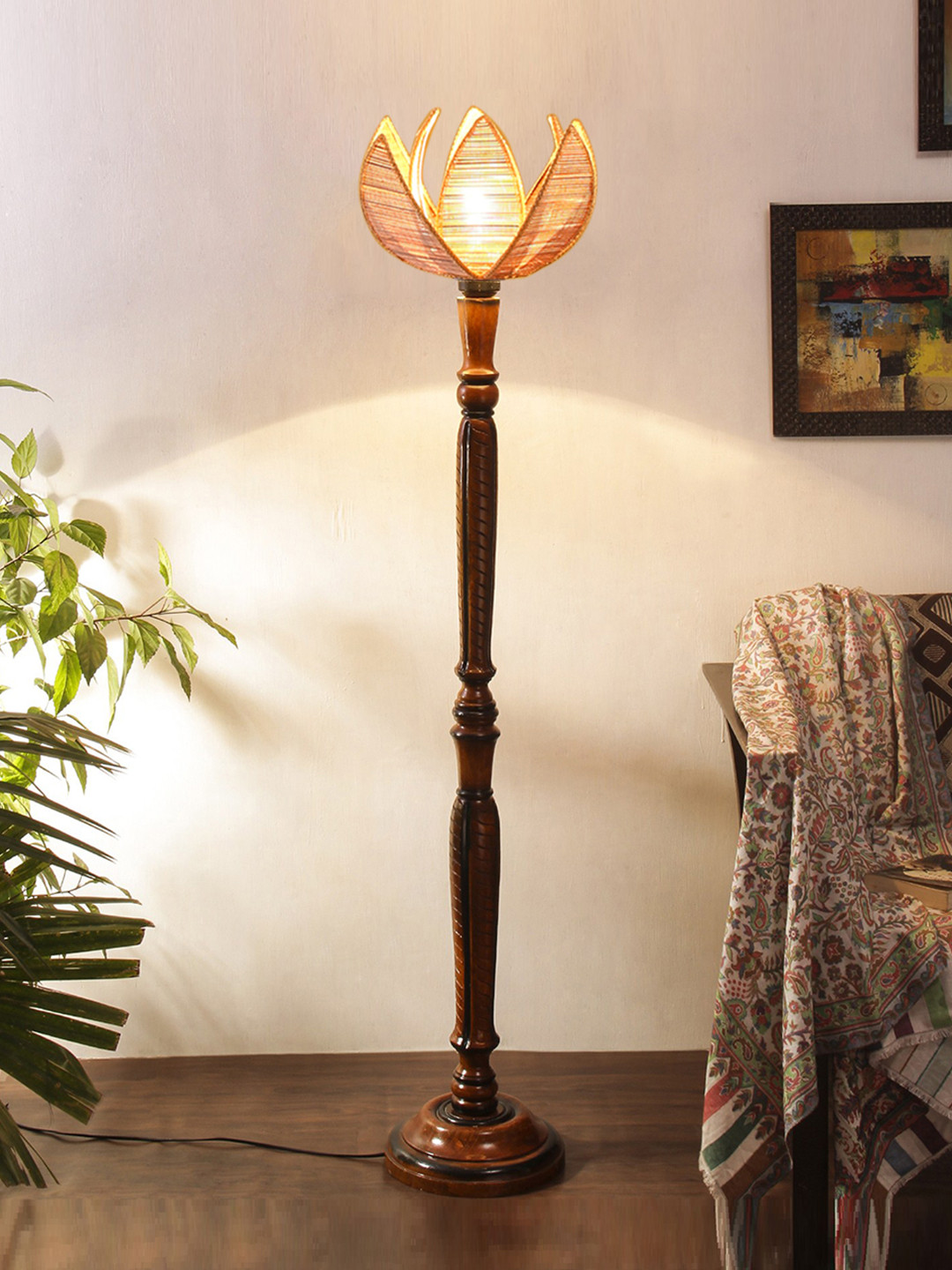 Devansh Beige Bamboo Rose Wooden Floor Lamp With Shade