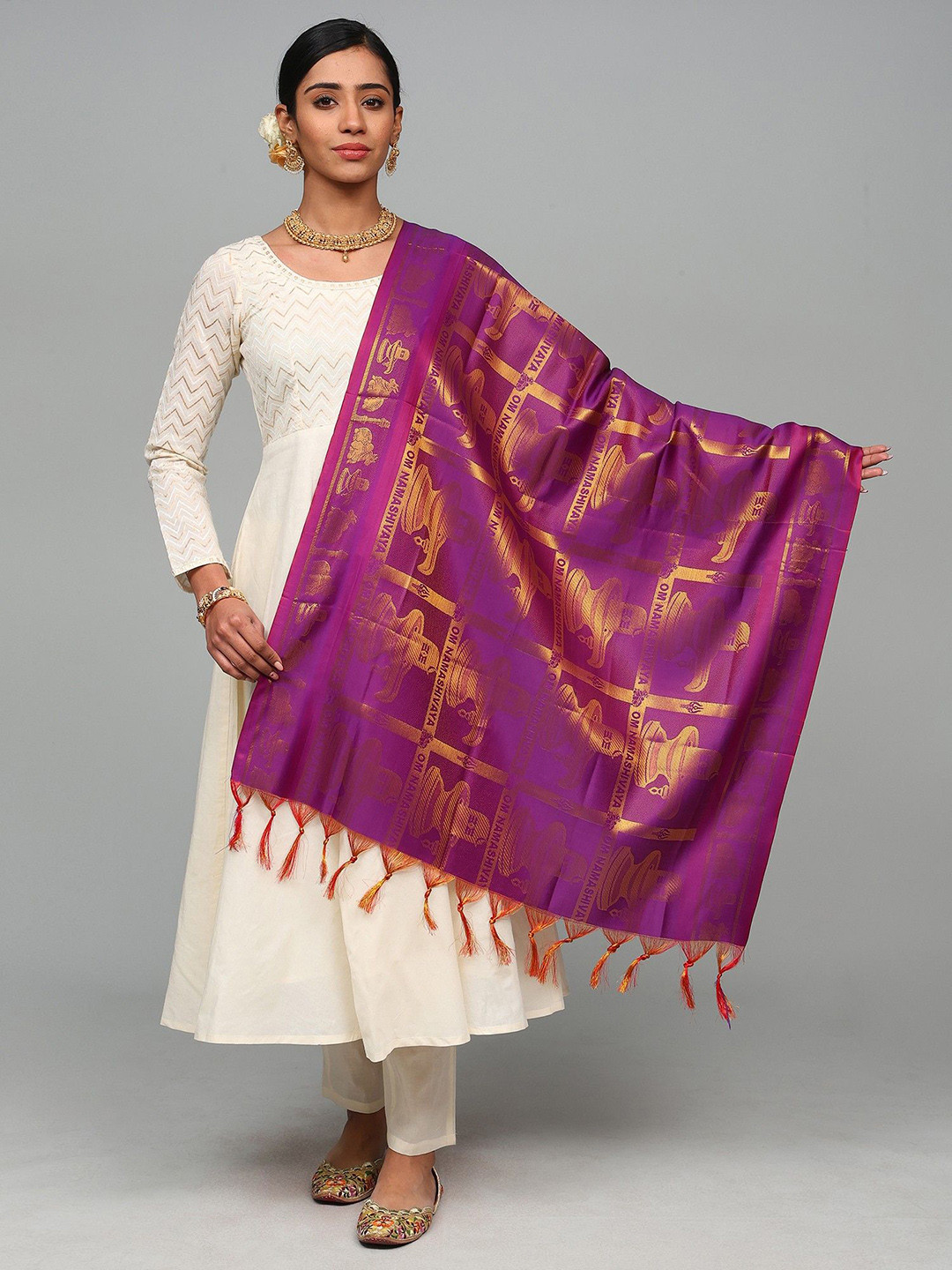 Exotic India Brocaded Shiv Ling Prayer Shawl with Woven Om Namah Shivay Mantra And Nandi