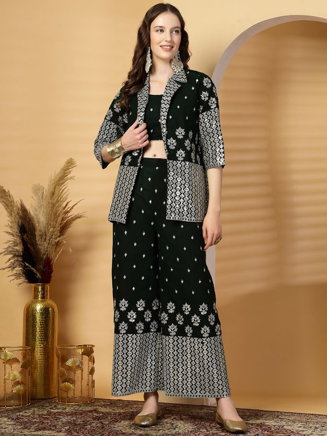 Clora Creation Printed Shirt collor  Neck Top With Palazzos and Blazer Set Co-Ords