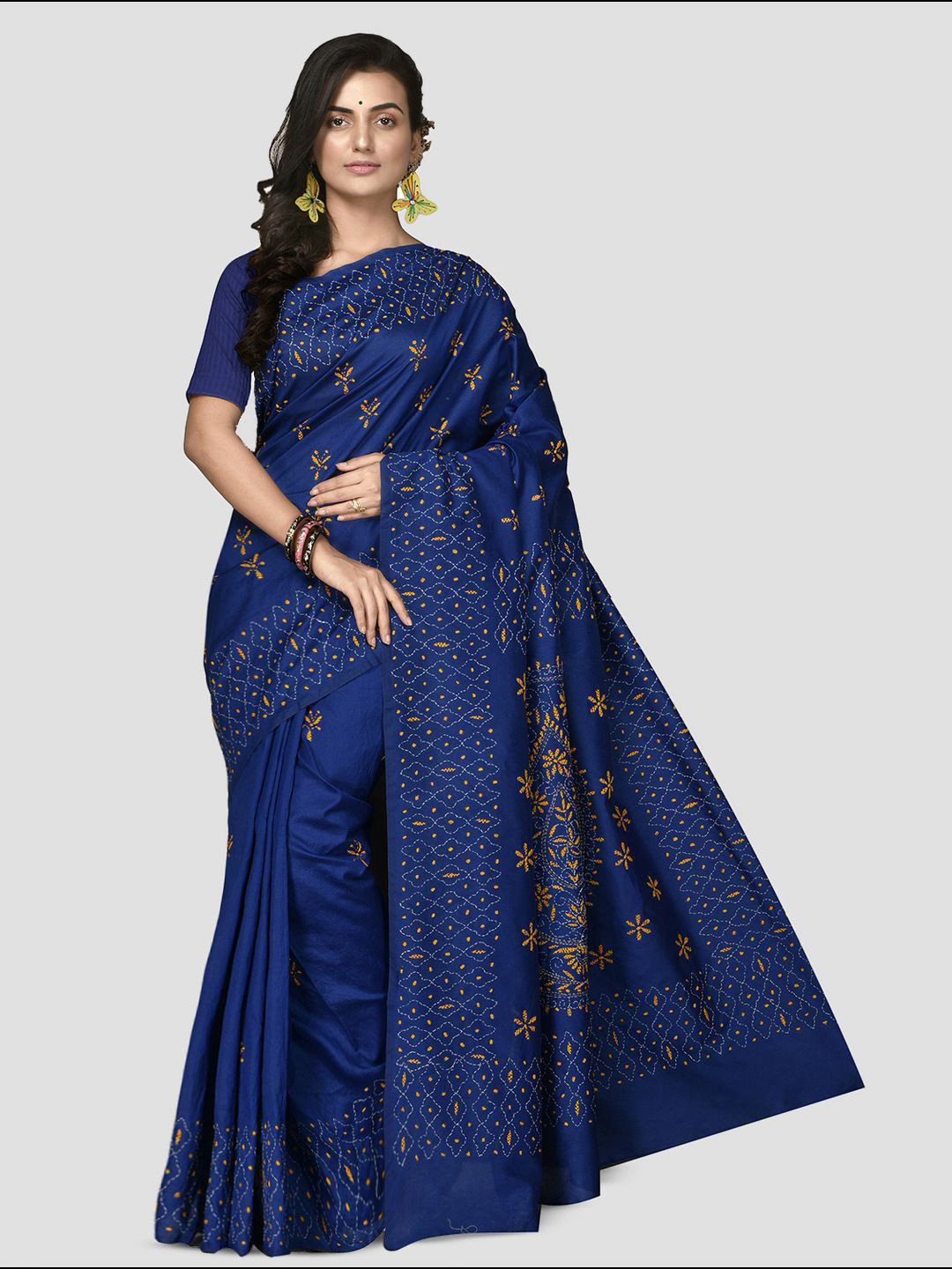 Crochetin Woven Design Kantha Work Silk Blend Ready to Wear Saree