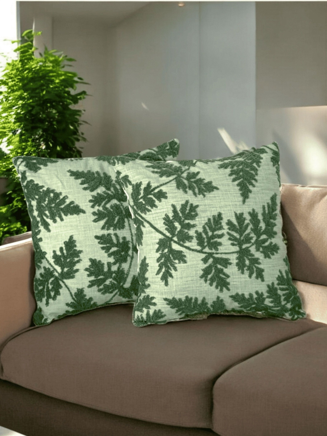LUSHLYF Tufted Green Leaf Cotton Washable 2 Piece Square Cushion Covers -18x18In