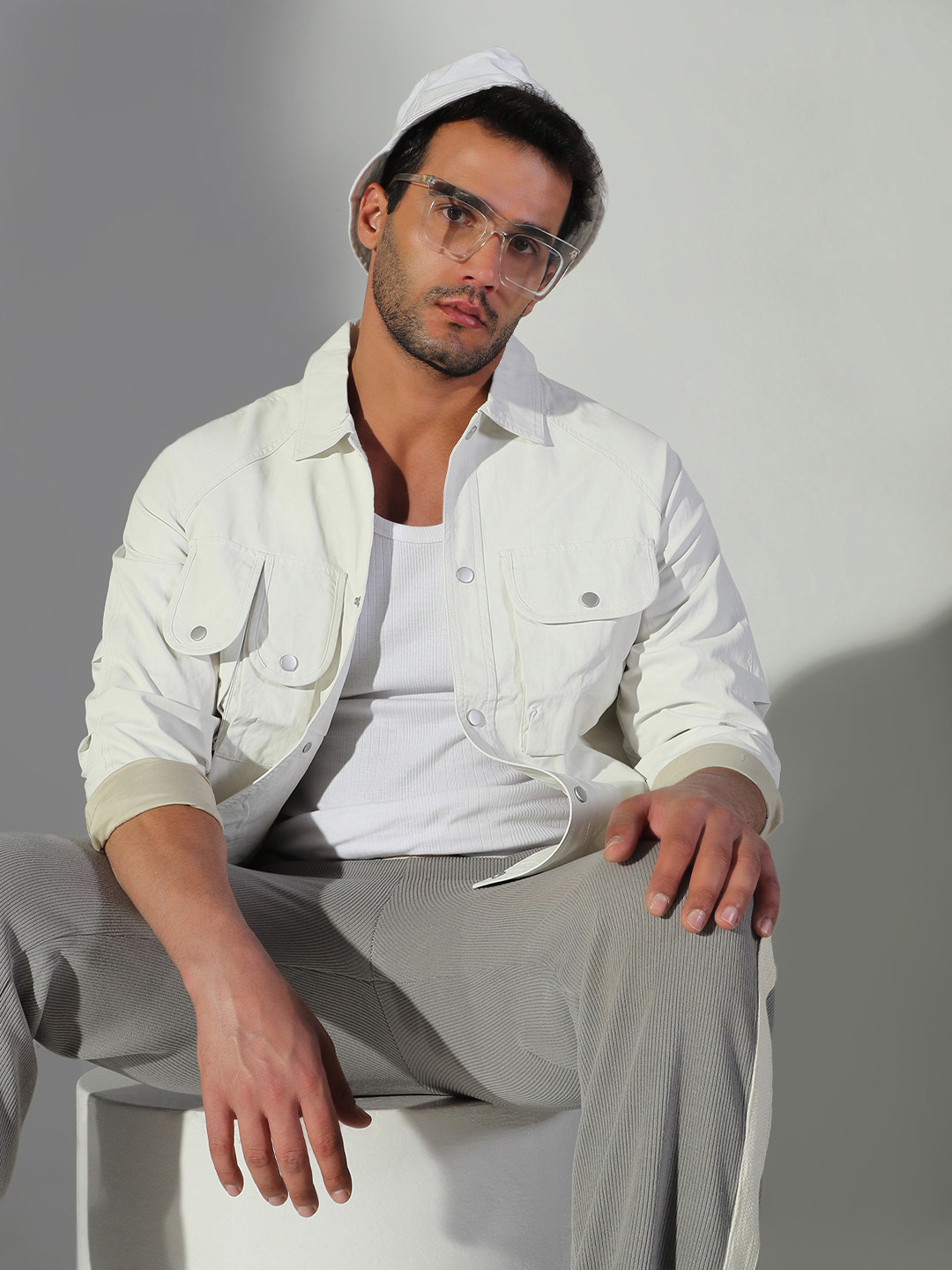 SHOWOFF Spread Collar Faux Leather Shacket