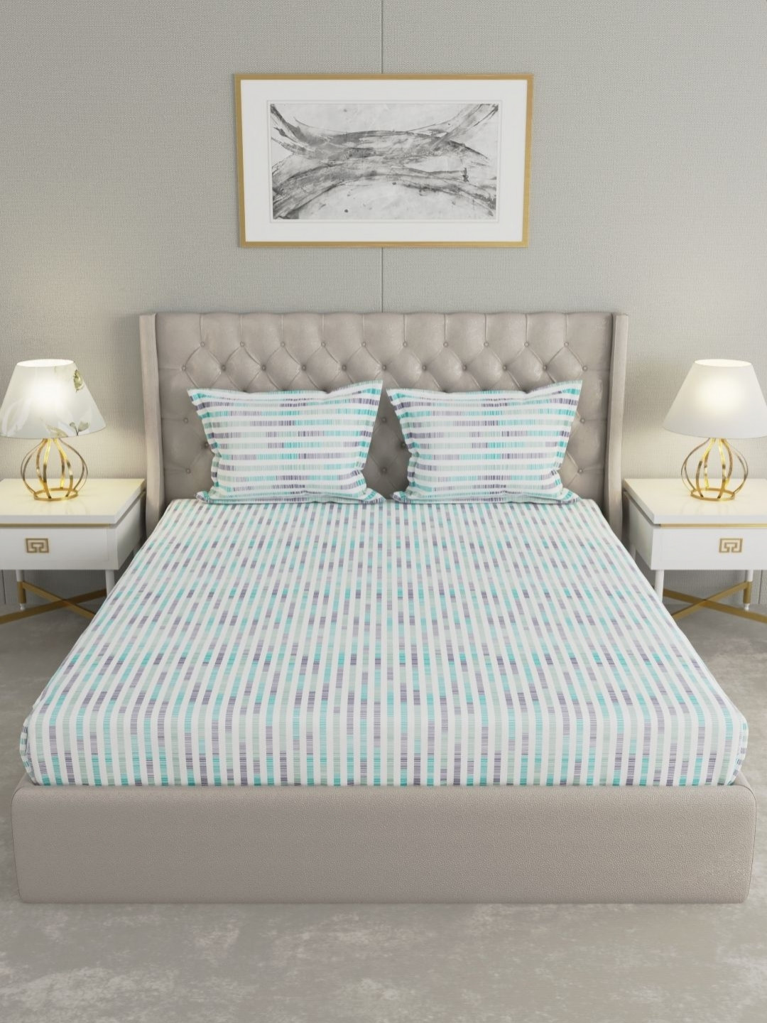 Raymond Home White & Blue Geometric 200 TC Queen Bedsheet with 2 Pillow Covers