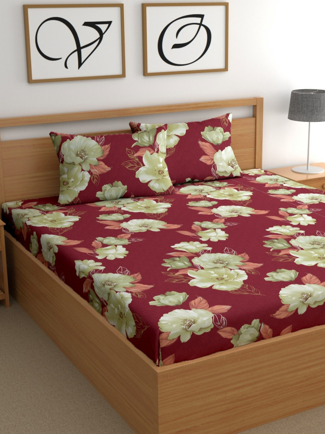 CG HOMES Maroon Floral Microfiber 210 TC Fitted King Fine Bedsheet with 2 Pillow Covers-198 x 183 cm