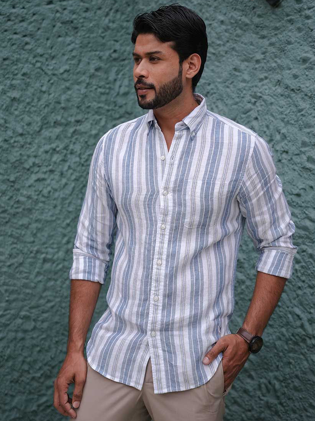 PINK SUPPLY Mens Classic Pure Linen Shirt In Stripes