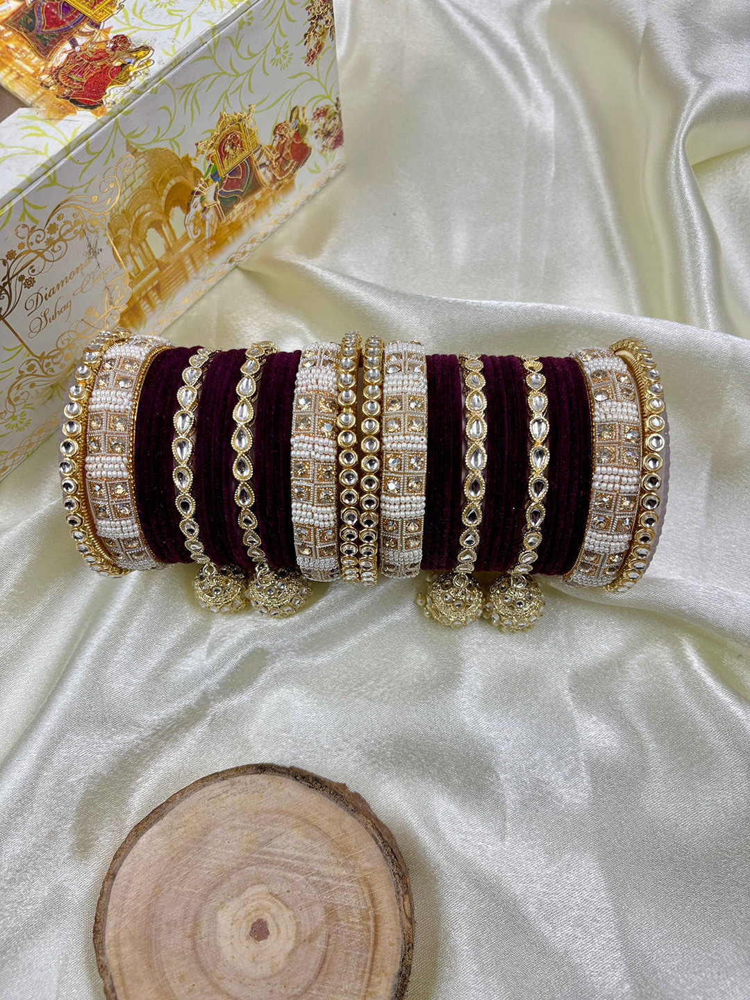 Wedding Chuda by Hitesh Set Of 2 Royal Wine -Studded Golden Bangles