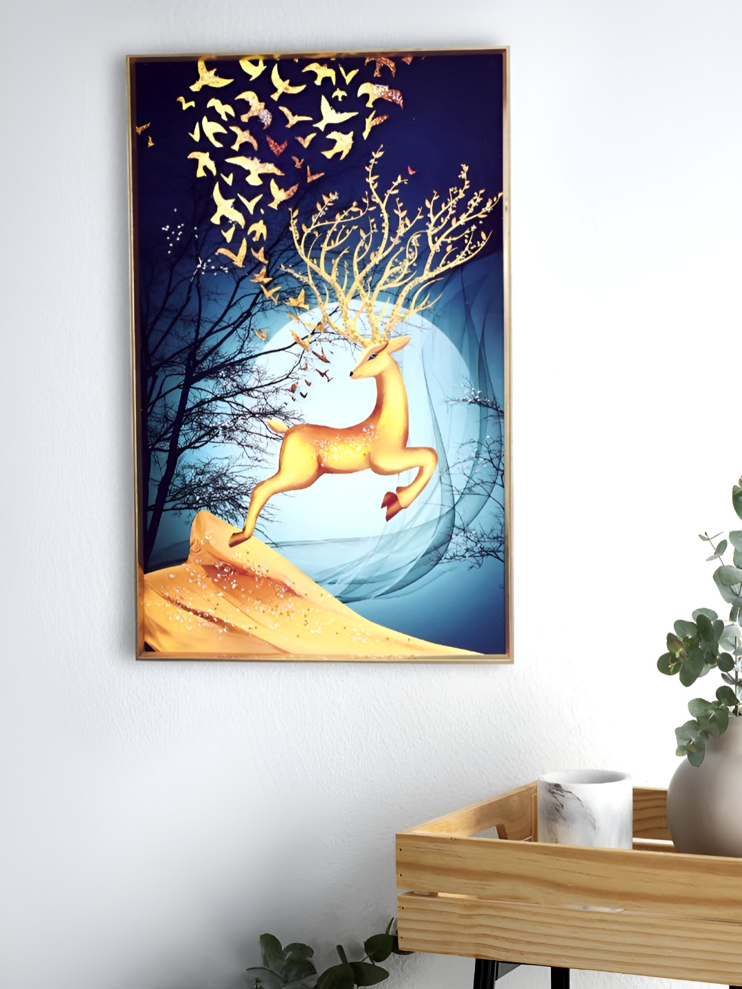 Royaloak Blue & Yellow MDF Luxury Golden Deer Wall Frame Painting With Crystal Accent