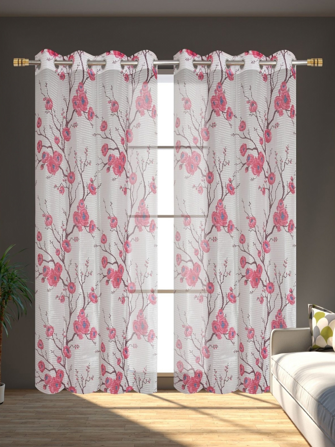 Galaxy Home Decor White And Red 2 Pieces Floral Sheer Window Curtains