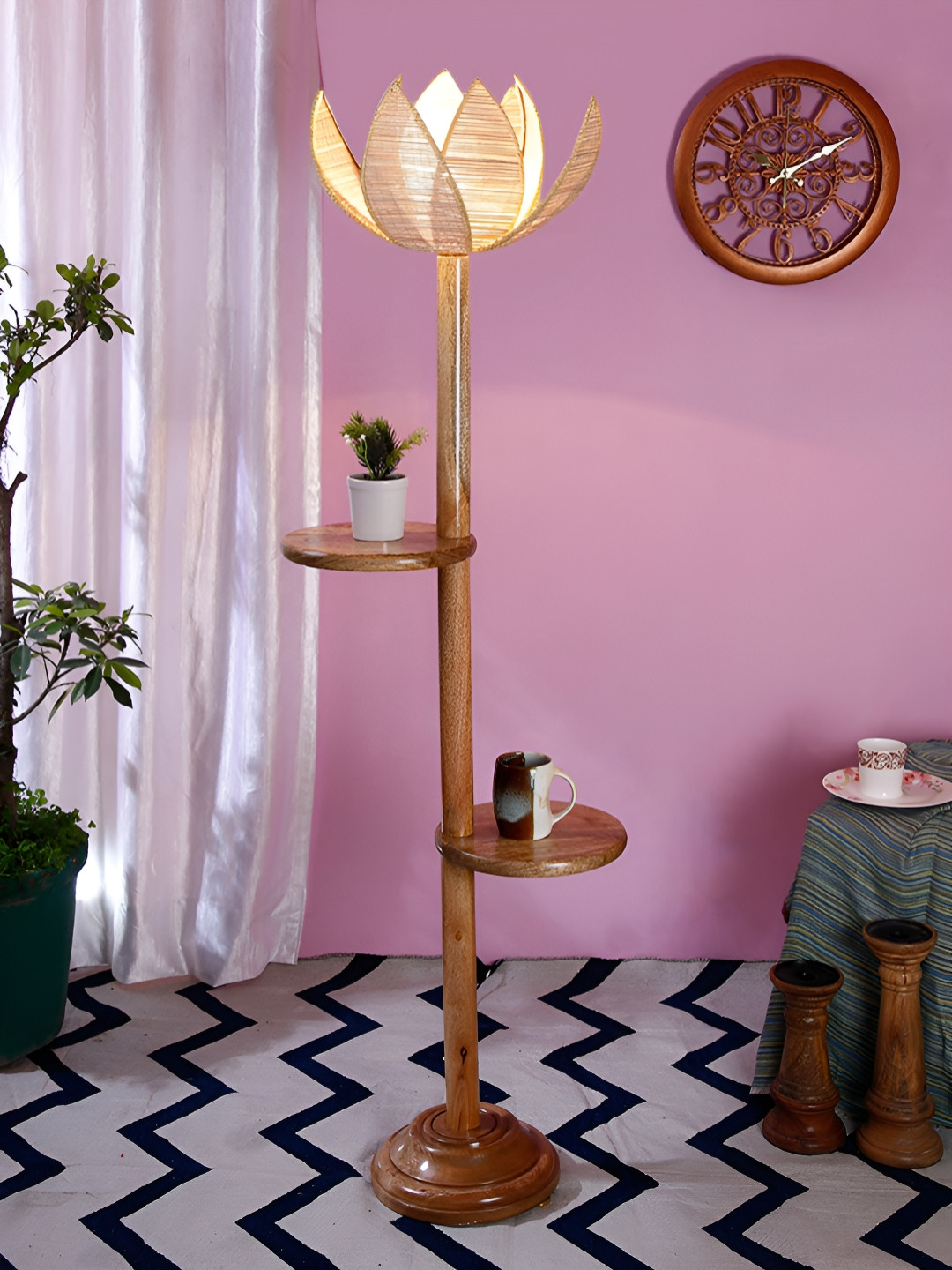 Devansh Beige Lotus Wooden Floor Lamp