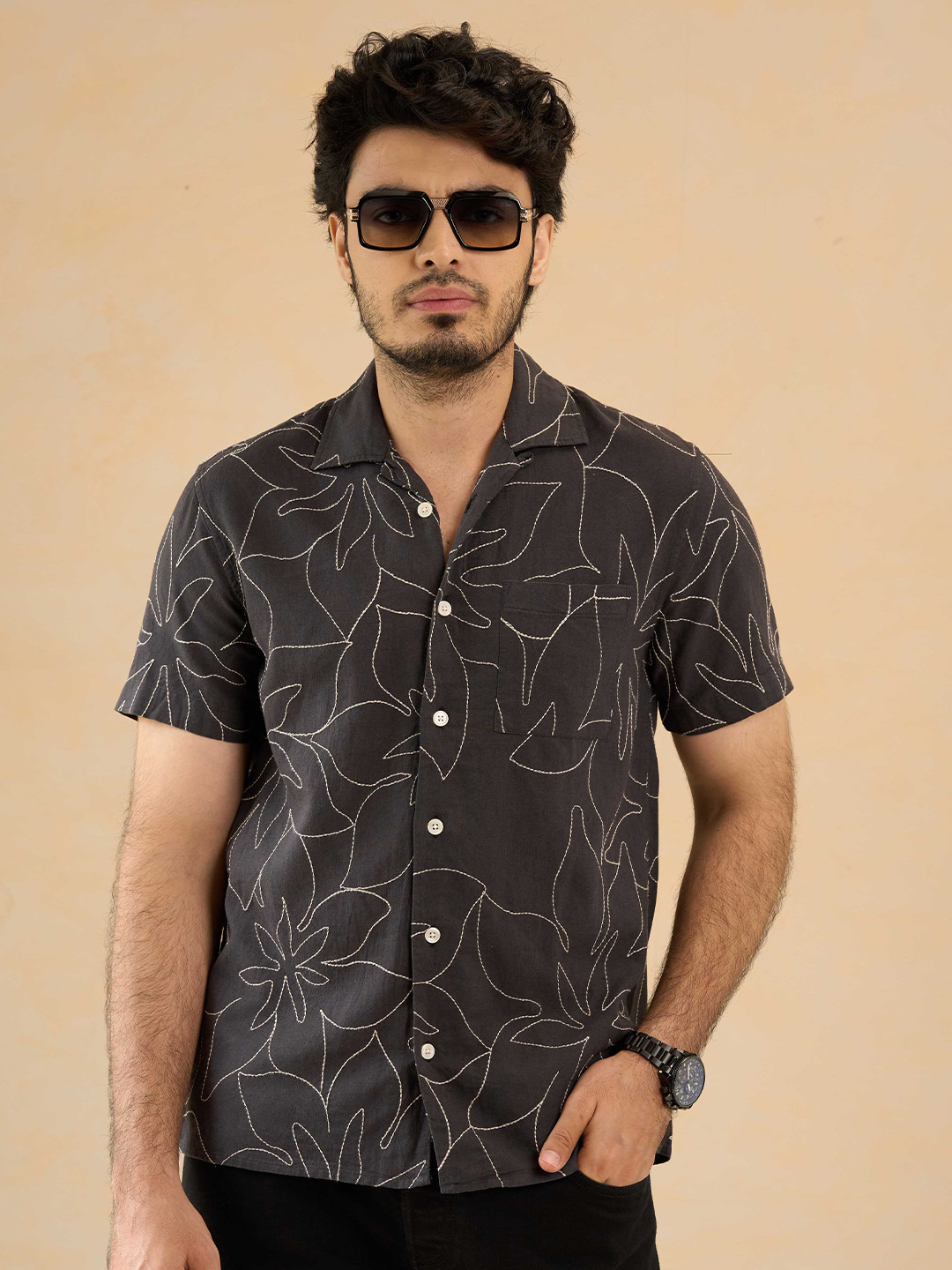 PINK SUPPLY Men Classic Floral Embroidered Cuban Collar Linen Regular Fit Casual Shirt