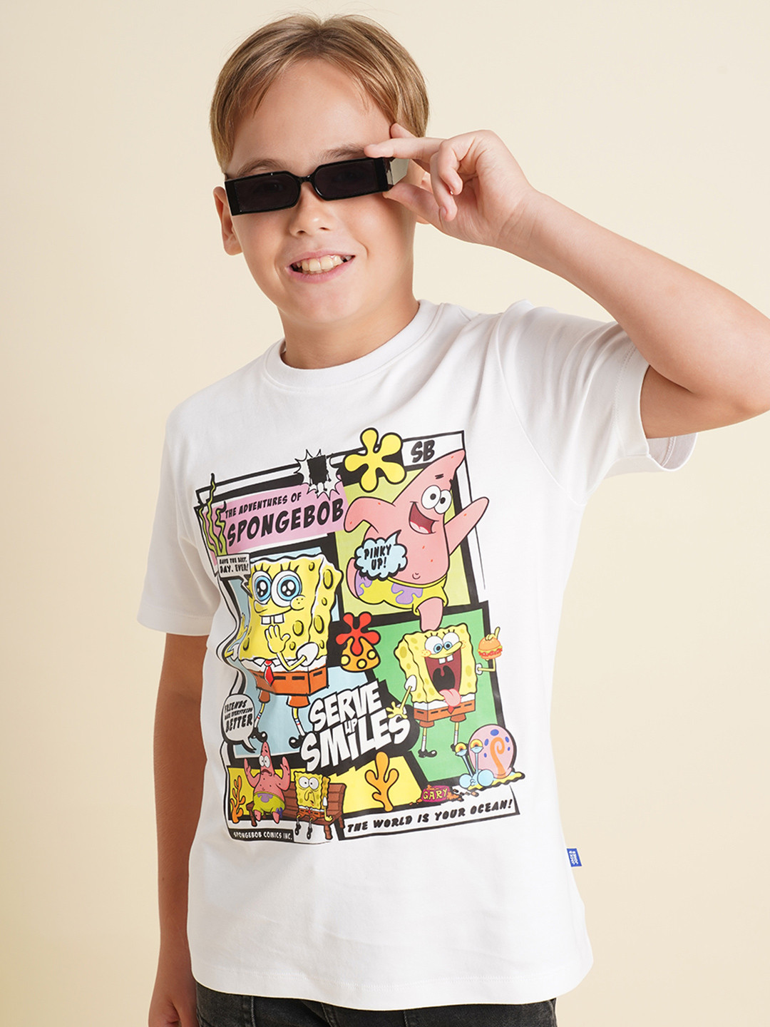 Jack & Jones Junior Boys Spongebob Graphic Printed Round Neck Cotton T-shirt