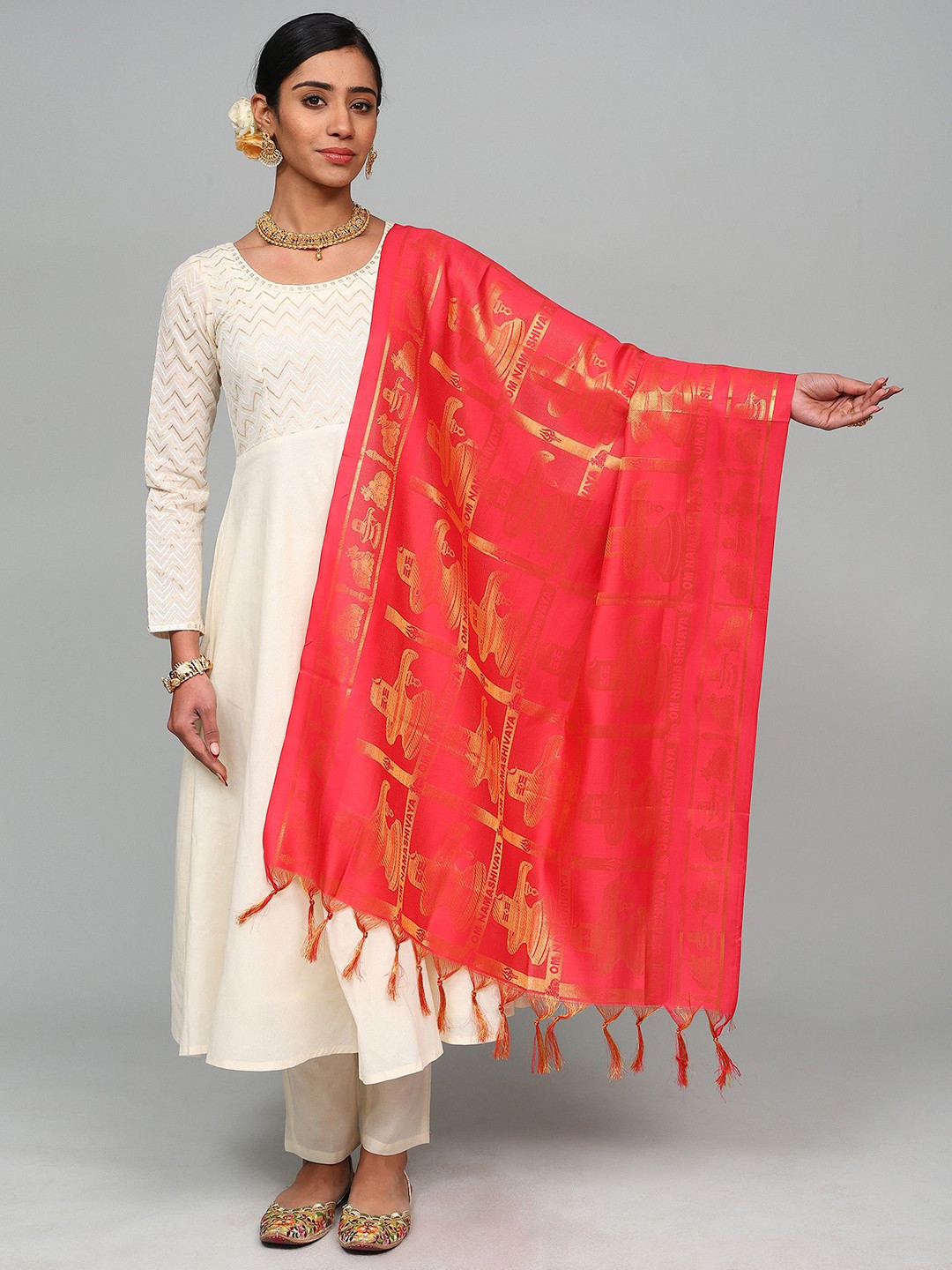 Exotic India Shiv Ling Art Silk Prayer Shawl with Woven Om Namah Shivay Mantra And Nandi