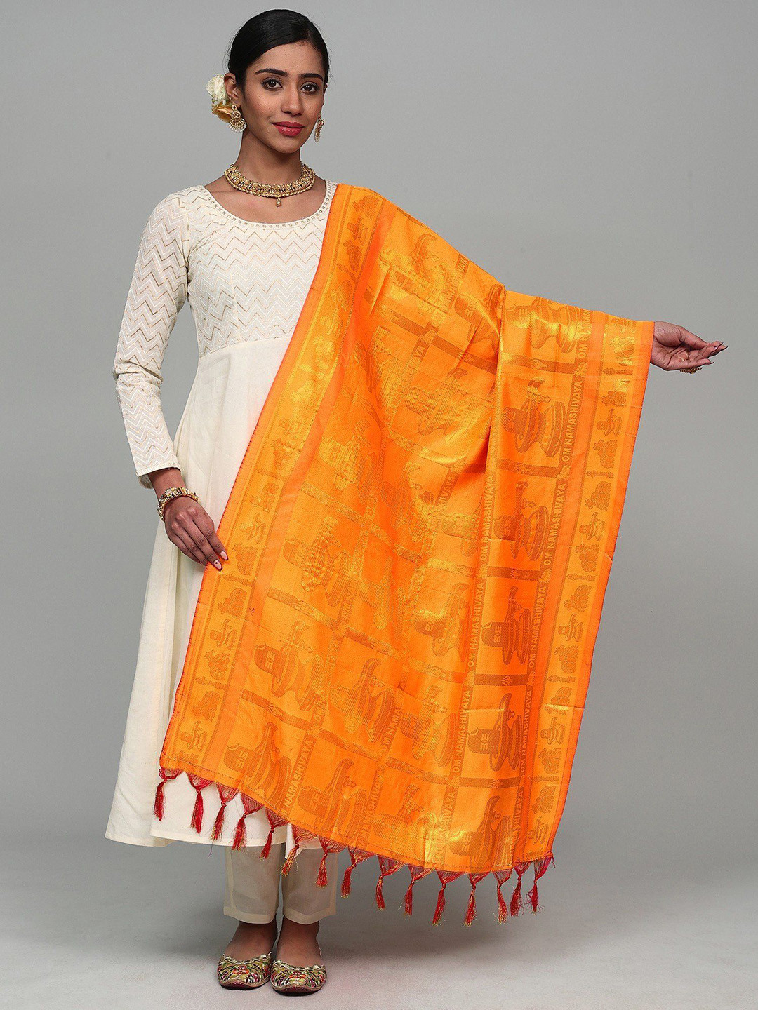 Exotic India Shiv Ling Art Silk Prayer Shawl with Woven Om Namah Shivay And Nandi