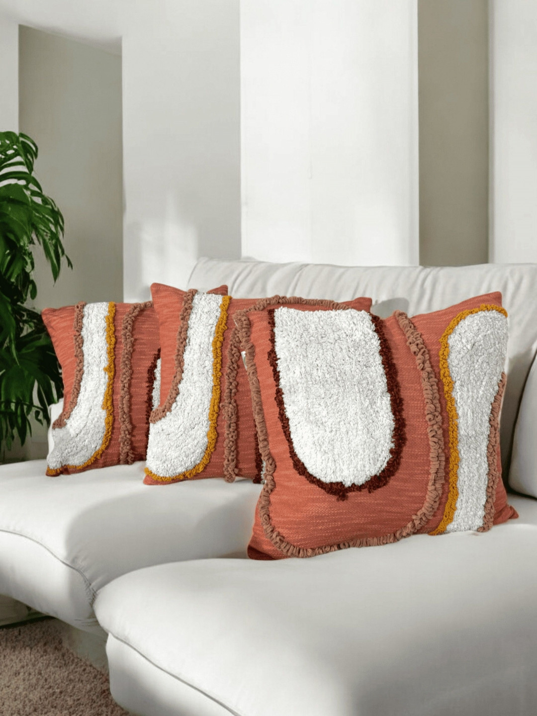 LUSHLYF Sunset Arc White Quirky Cotton 3 Piece Embroidered Square Cushion Covers -18x18In