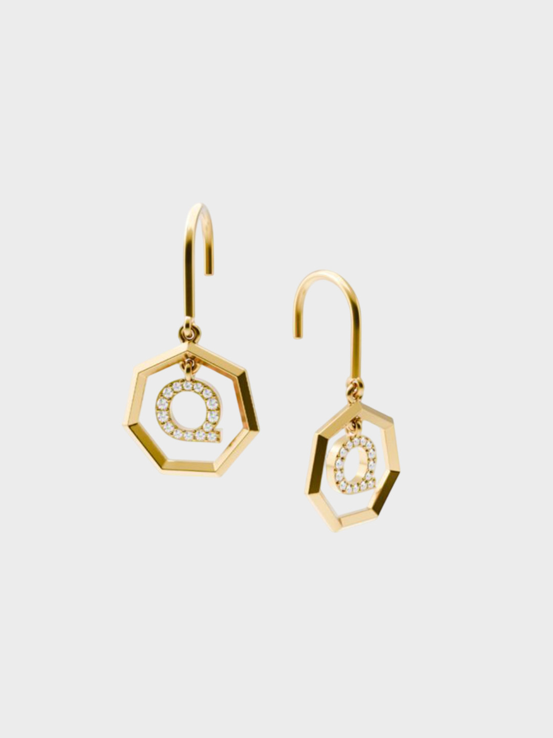 HOUSE OF SEVEN 18k Gold Plated Letter Q Geometric Shaped American Diamond Drop Earrings