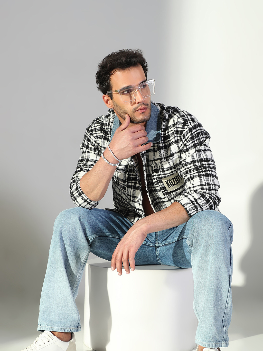 SHOWOFF Checked Spread Collar Oversized Flannel Cotton Shacket
