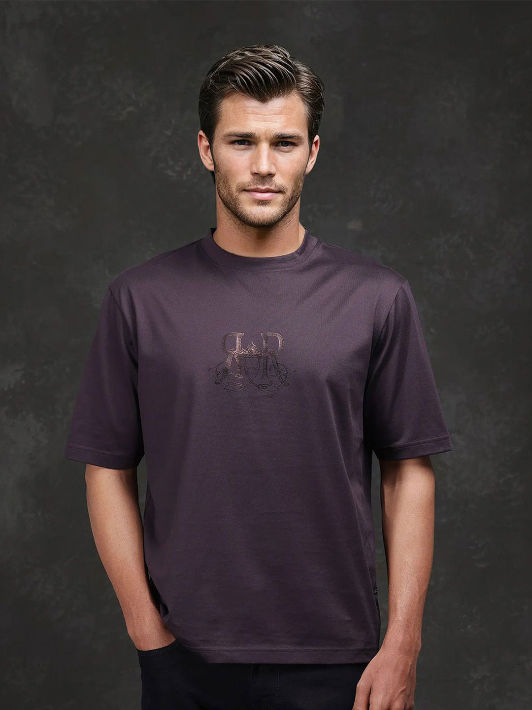 RARE RABBIT Men Printed Extended Sleeves Raw Edge T-shirt