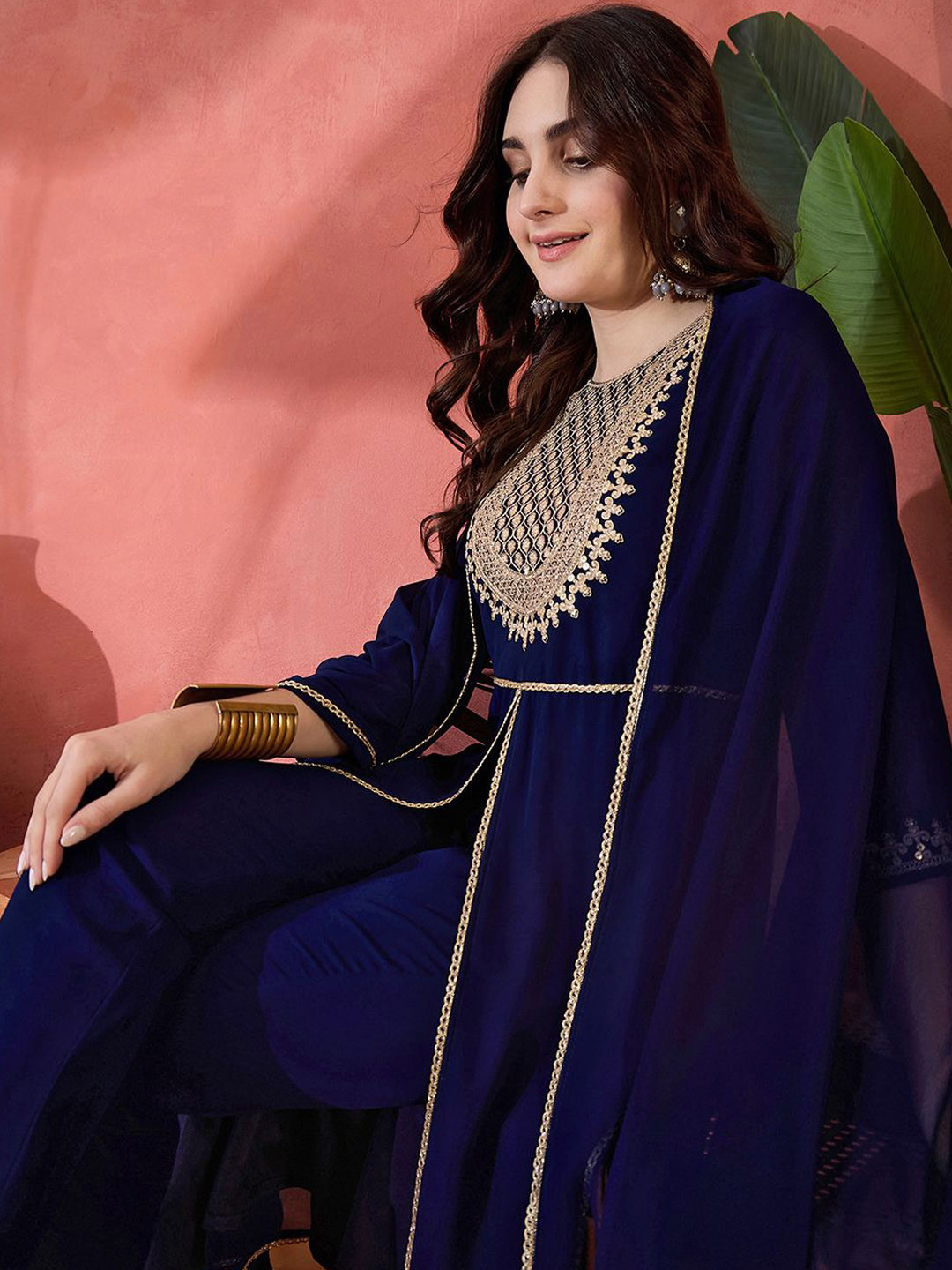 Sangria Zari Sequence Cording Embroidered Front Slit Kurta With Trousers & Dupatta
