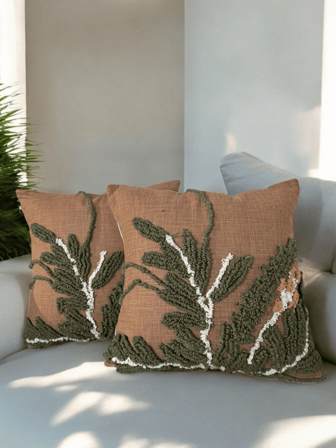 LUSHLYF Natures Fern Tufted Embroidered Cotton 2 Pcs Cushion Covers - 17.7 x 17.7 In
