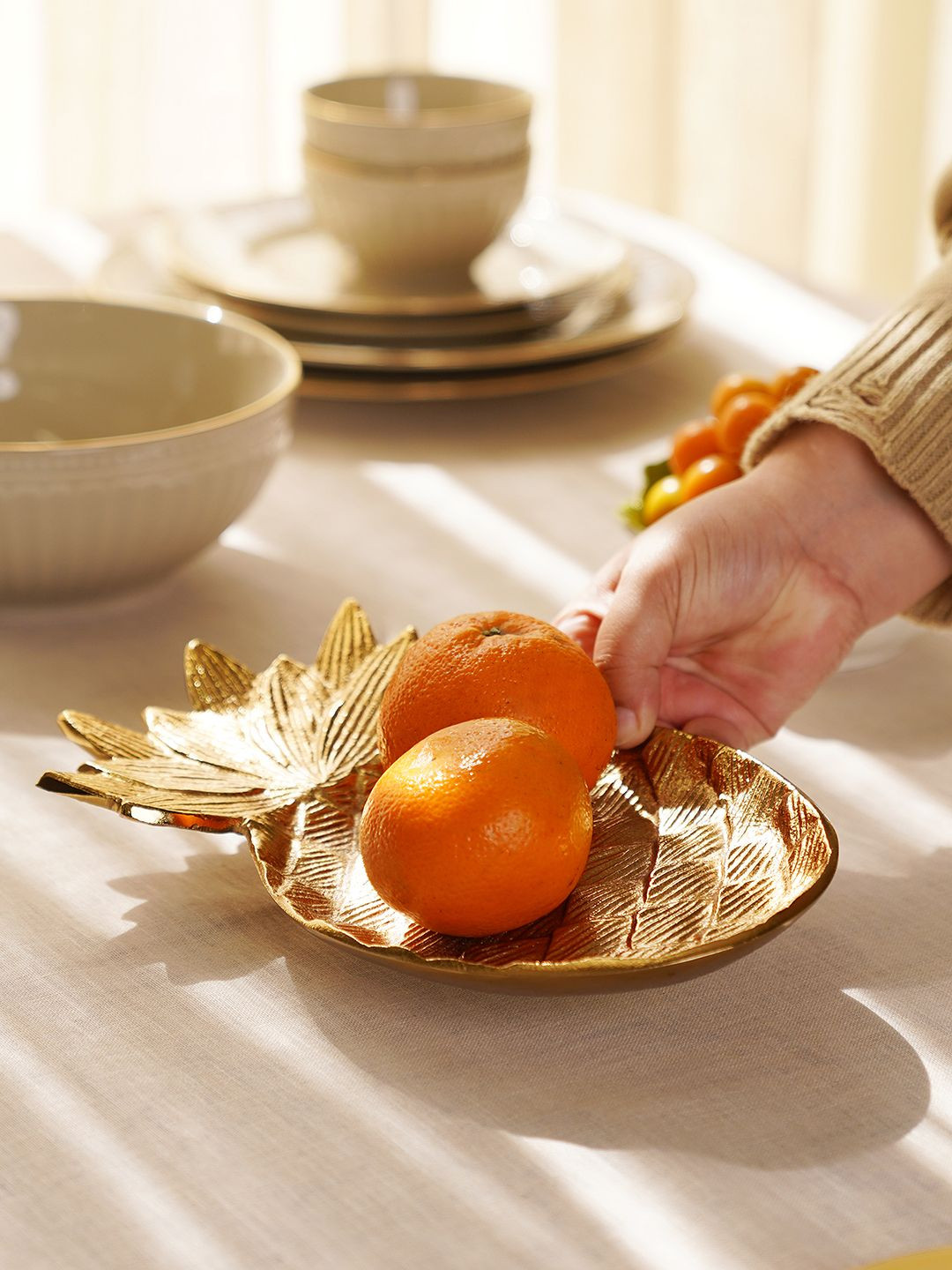 Pure Home and Living Pineapple Platter Gold Metal Glossy Prayer Room Small Showpiece - 1.6 Inches