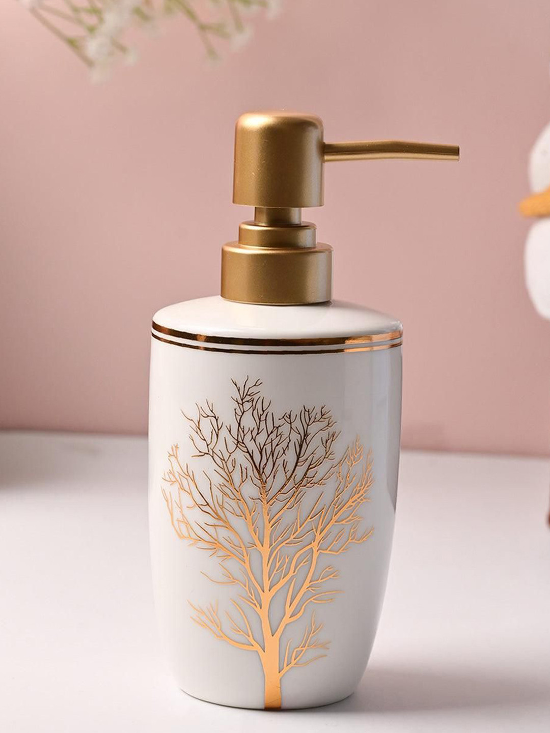 MARKET99 White & Gold-Toned Floral Ceramic Soap Dispenser