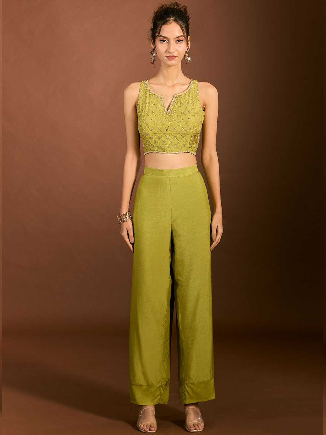 Mystake By Meghna Shah Embroidered V Neck Blouse & Trousers With Dupatta Co-Ords