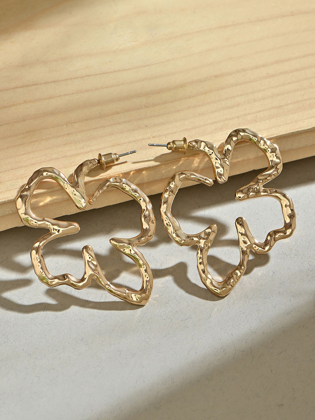 ToniQ Gold-Toned Party Molten Floral Hoop Earrings