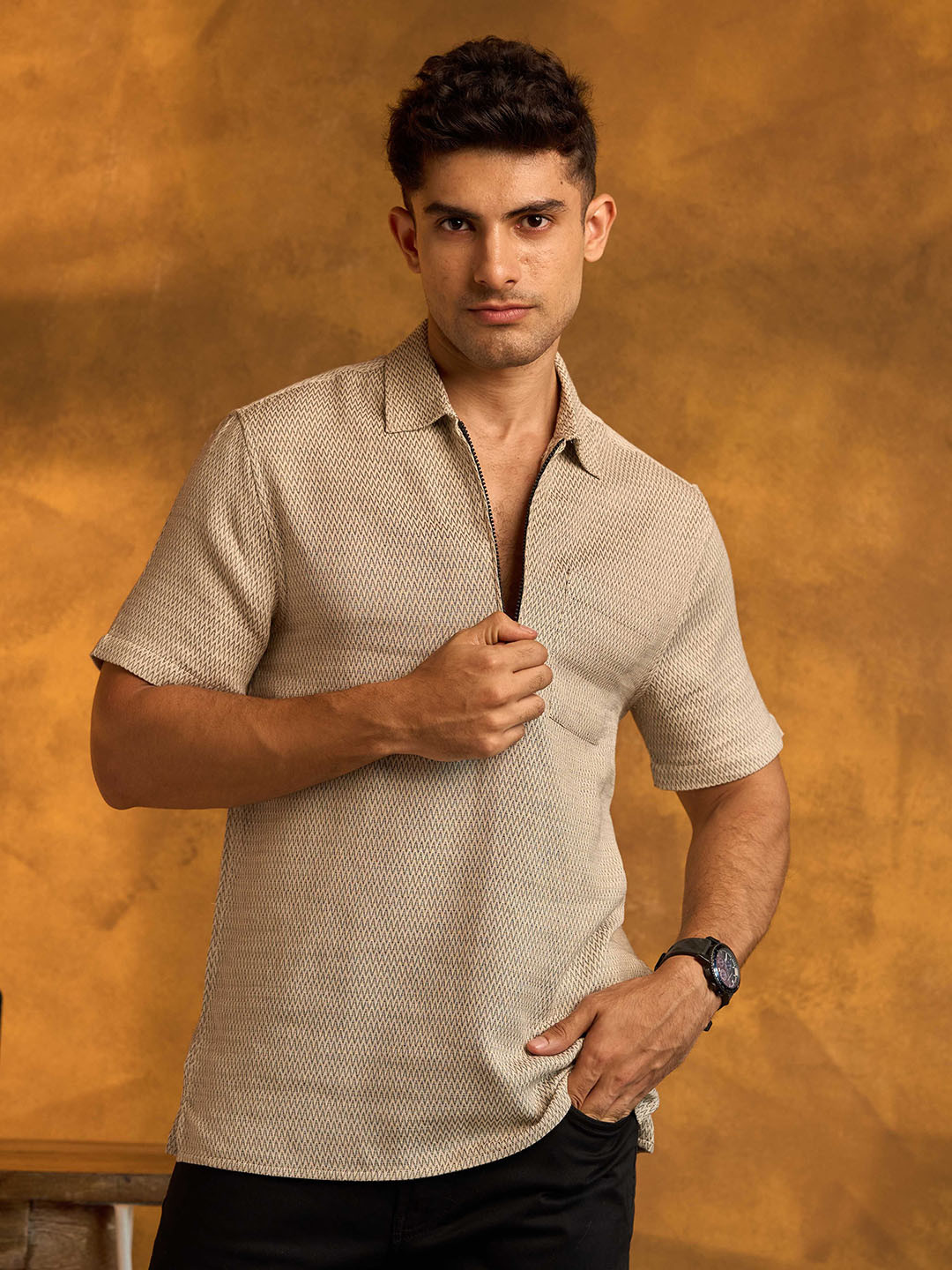 PINK SUPPLY Men Self Design Zipper Causal Shirt