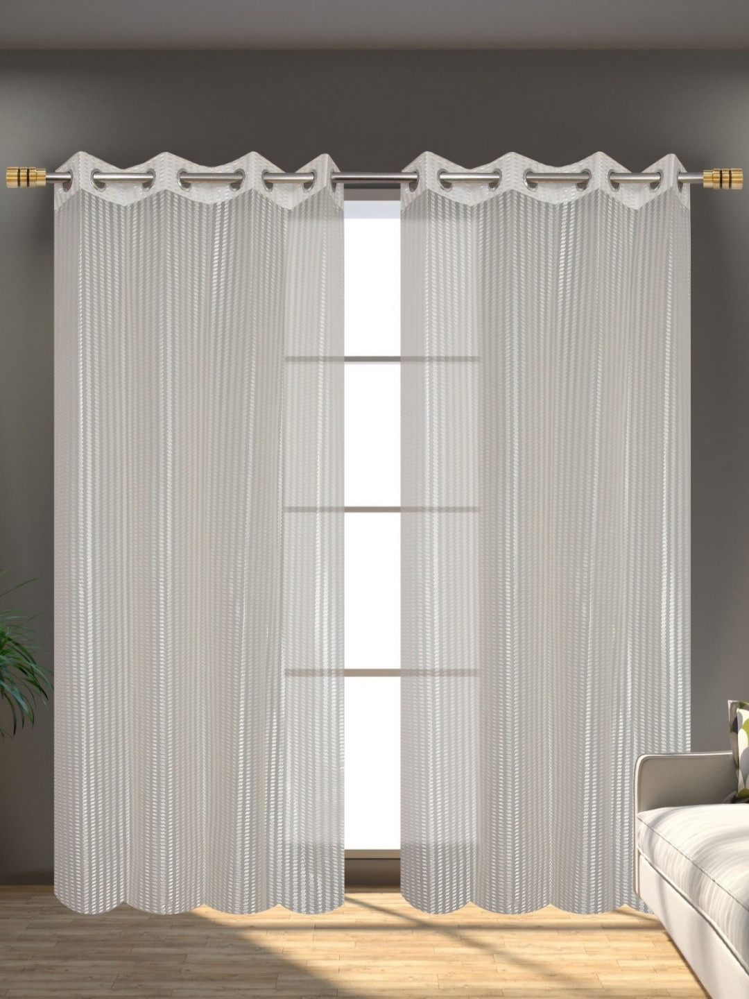 Galaxy Home Decor Cream-Coloured 2 Pieces Striped Transparent Net Window Curtains