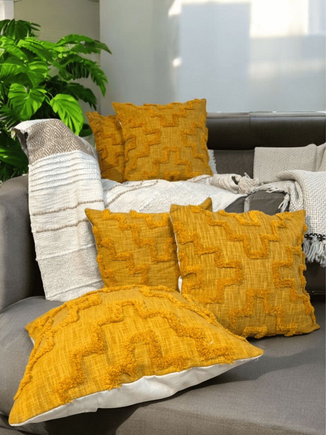 LUSHLYF Golden Weave Yellow Quirky Cotton 5 Piece Textured Square Cushion Covers -18x18In