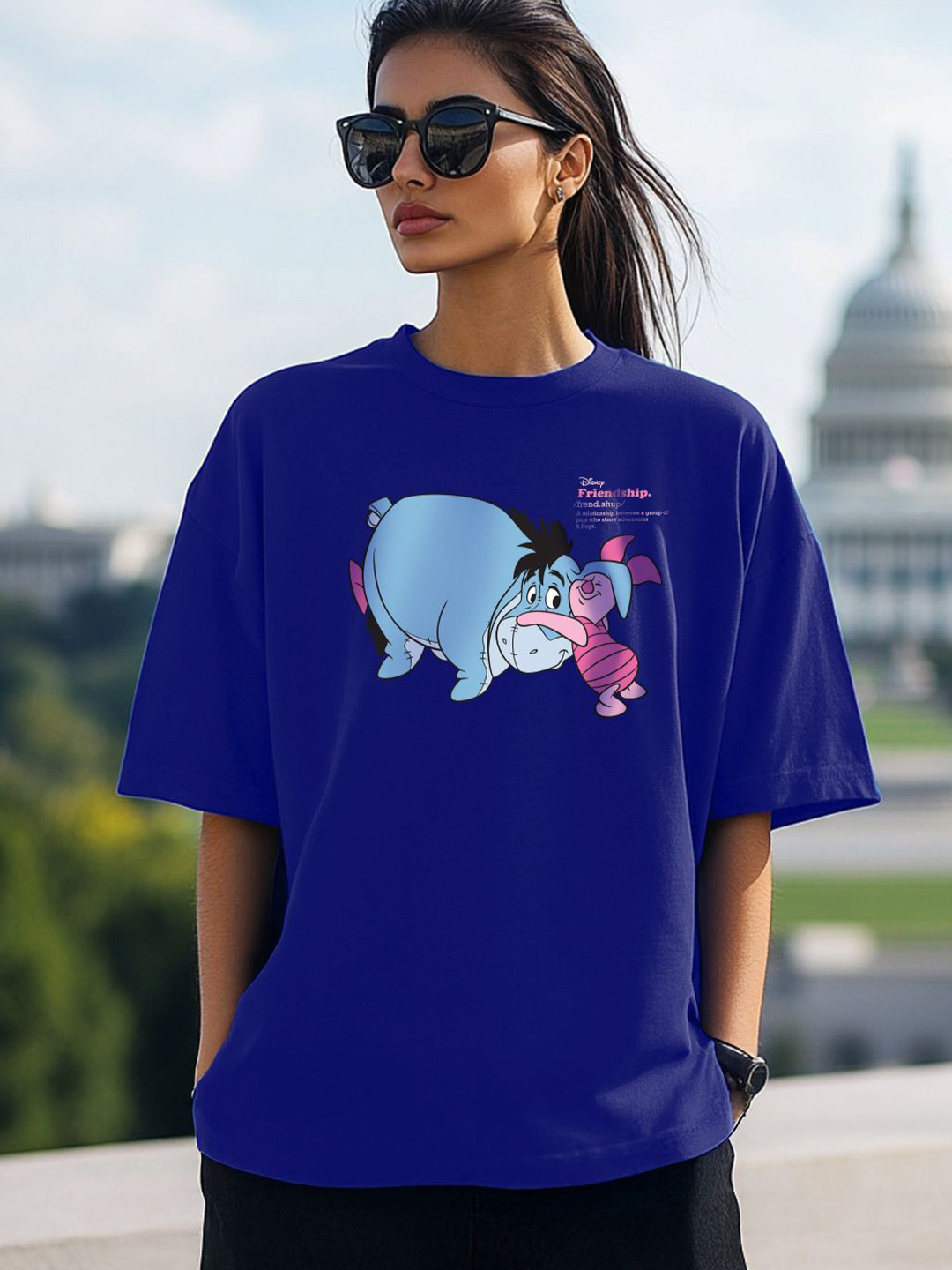 JUNEBERRY Disney Piglet Women Blue Round Neck Relaxed Fit Pure Cotton Oversized T-shirt