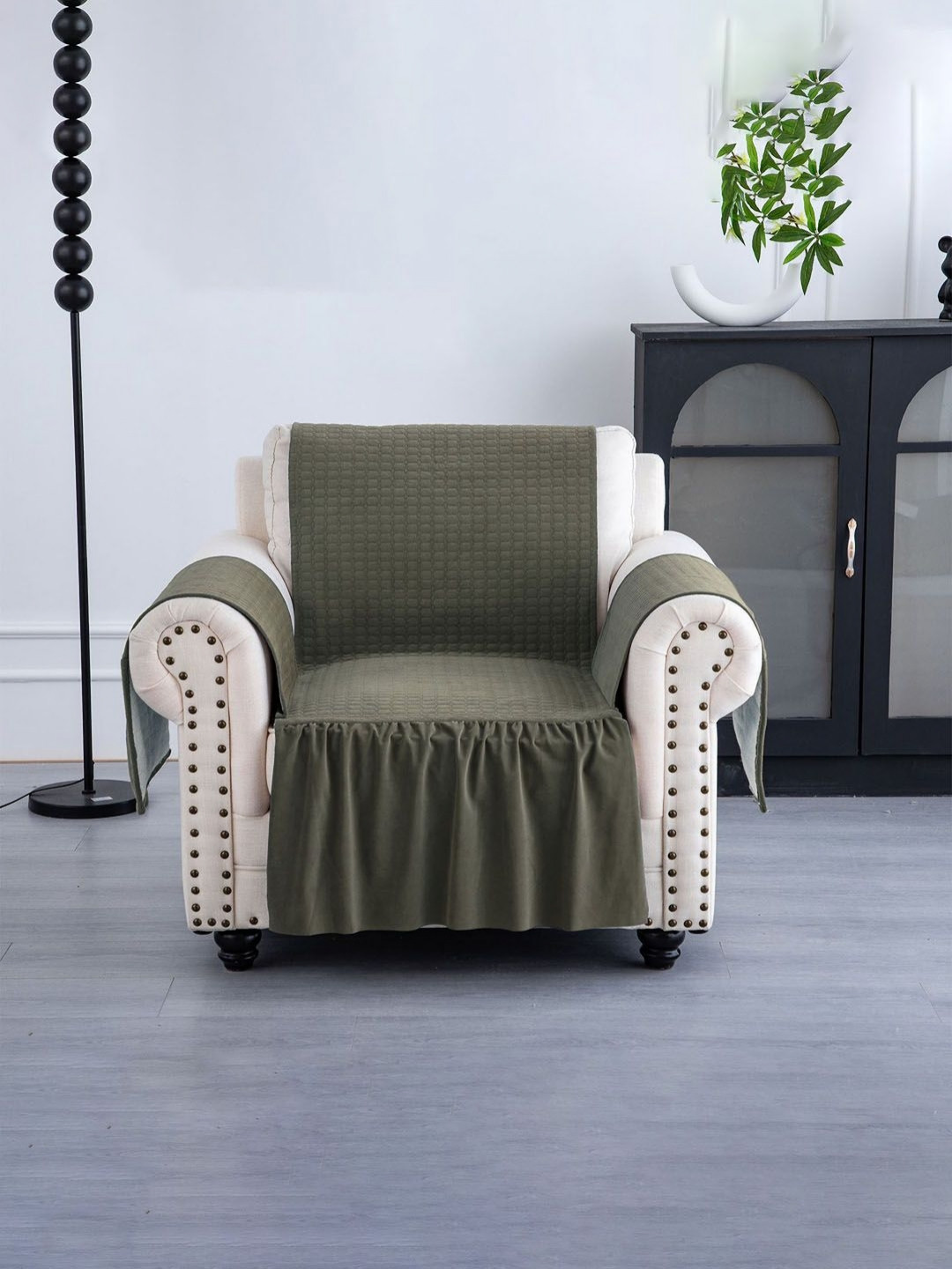 Aura Green Checked Velvet 1 Piece 1 Seater Soft Velvet Full Sofa Cover with Pocket Arms