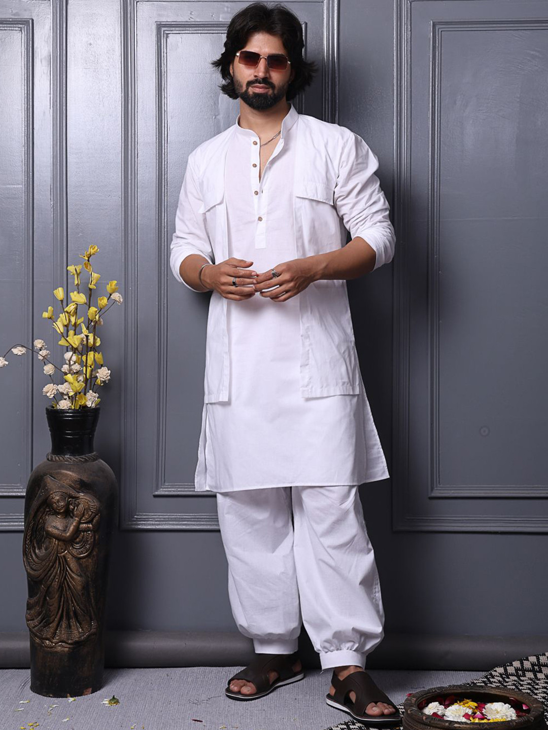 MIDAV Men Thread Work White Romance Pathani Kurta