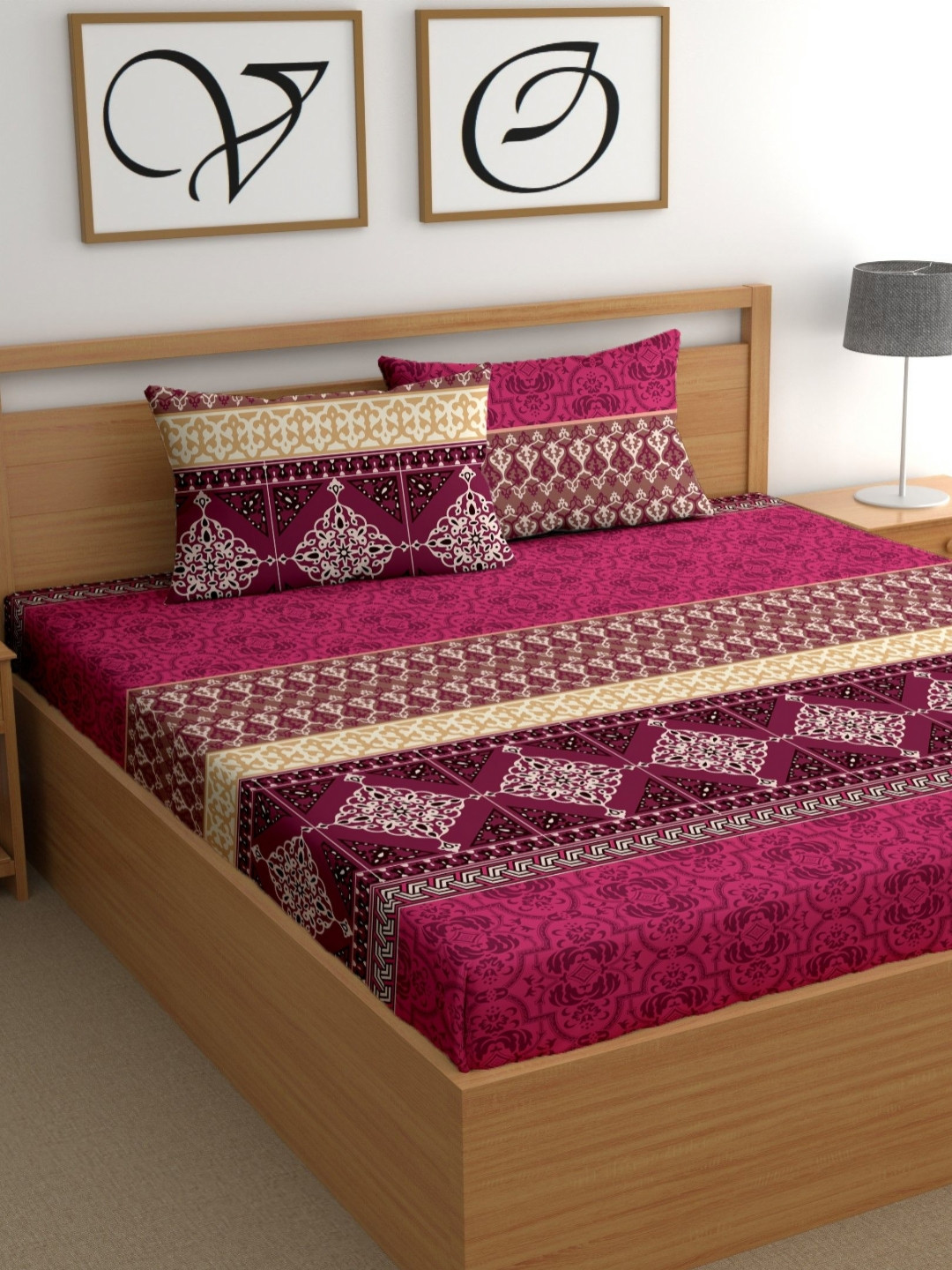 CG HOMES Maroon Ethnic Motifs Microfiber 210 TC Queen Fine Bedsheet with 2 Pillow Covers-98 x 89 inches
