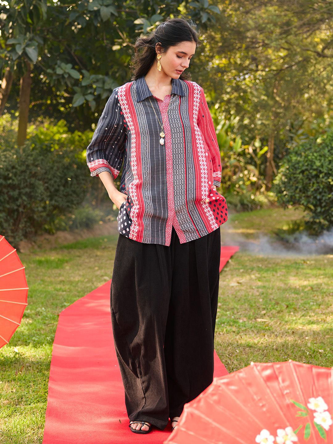 SAUNDH Striped Linen Georgette Shirt Style Top
