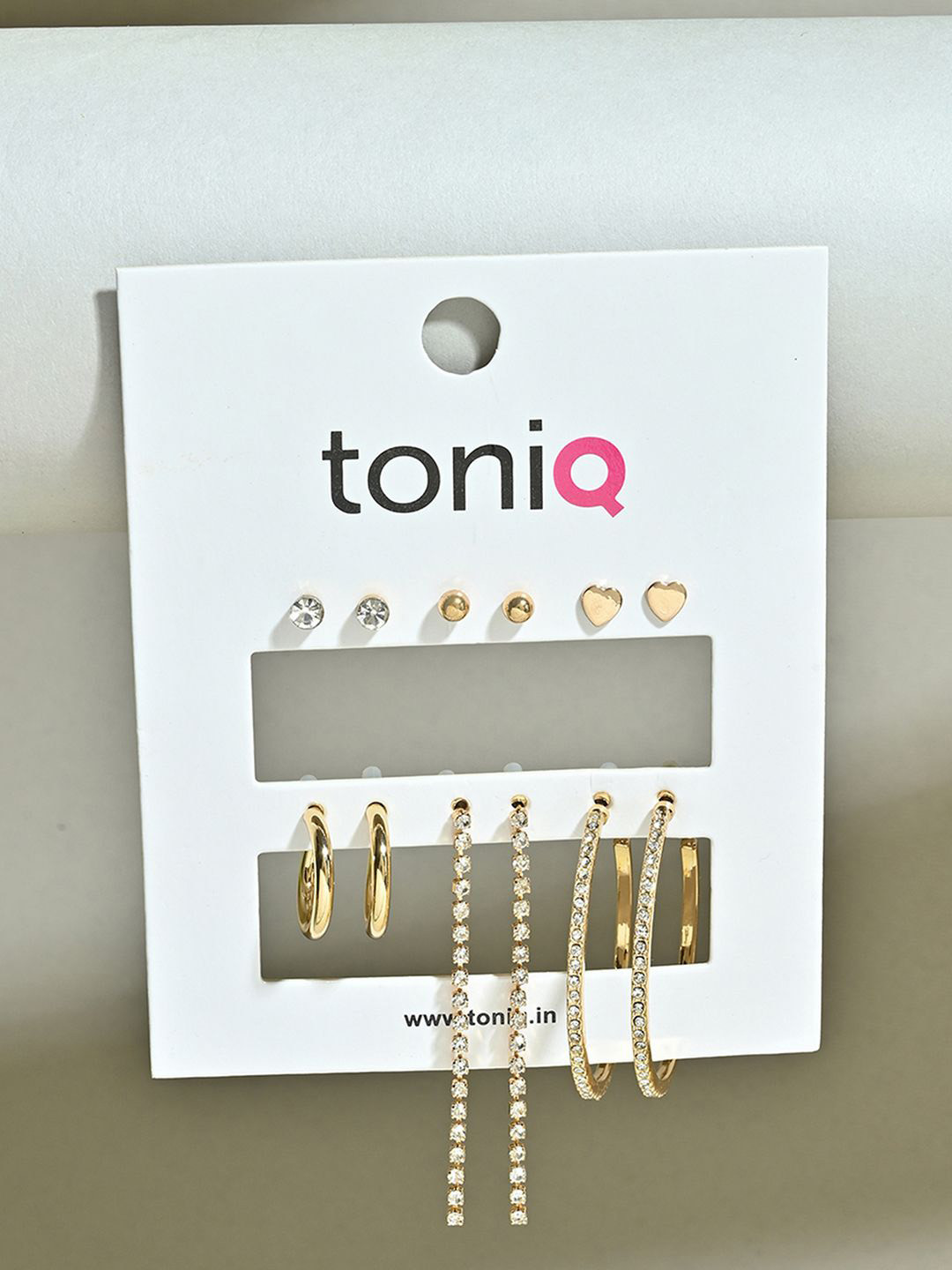 ToniQ Set of 6 Gold-Toned CZ Party Stud Drop & Hoop Earrings