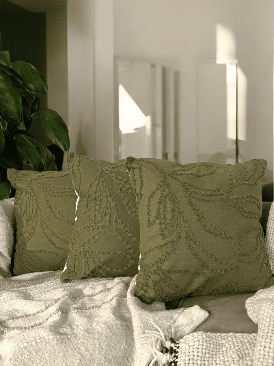 LUSHLYF Olive Vine Green Quirky Cotton 3 Piece Embroidered Square Cushion Covers -18x18In