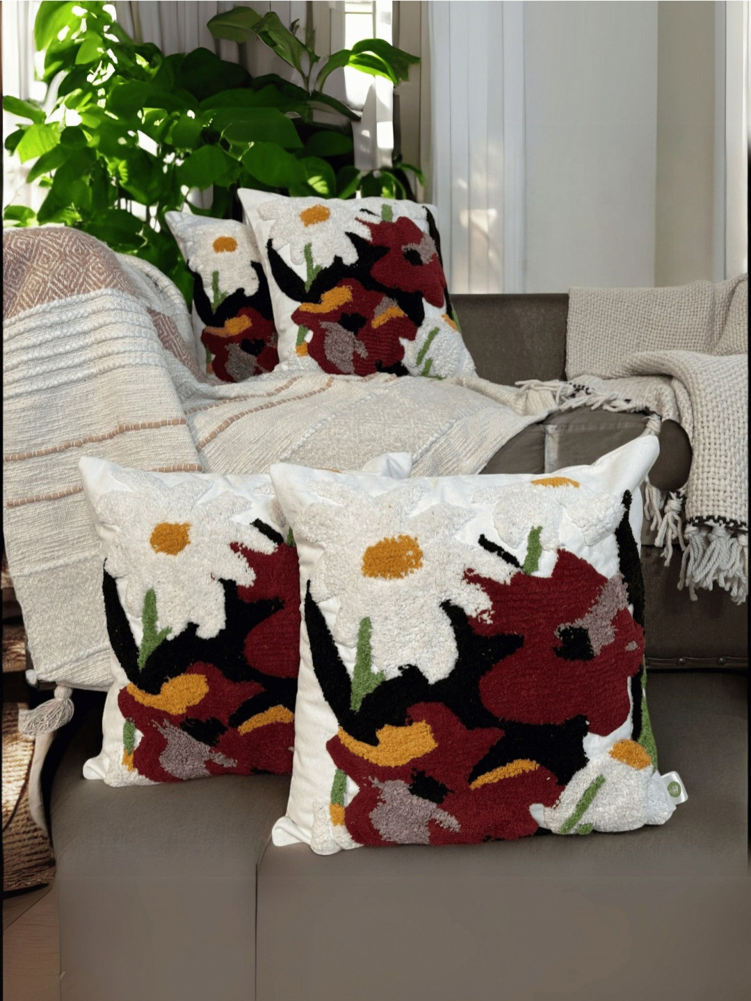 LUSHLYF Poppy Bloom White Ethnic Motifs Cotton 4 Piece Square Cushion Covers -18x18In