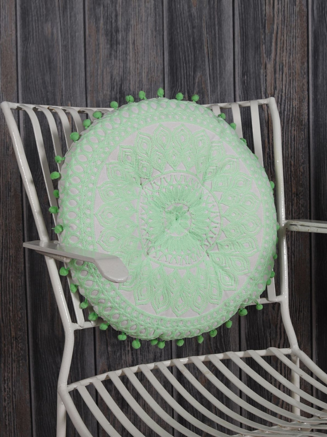 HANDICRAFT PALACE Green & White Embroidered Cotton Round Shaped Floor Cushion