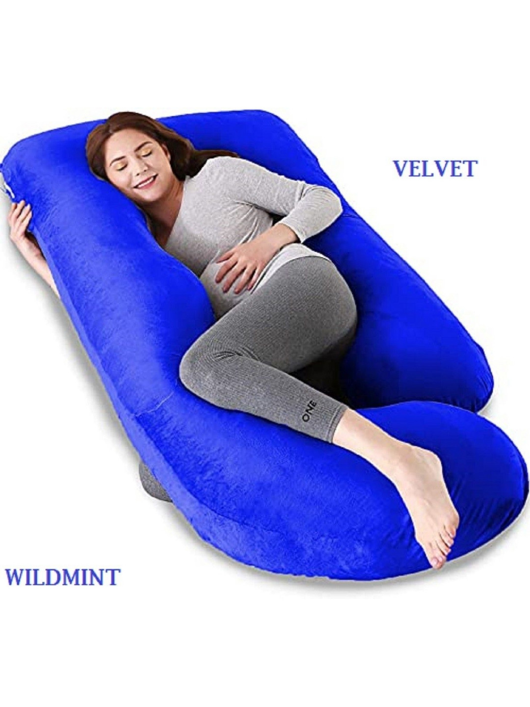 WILD MINT Blue Solid Faux Velvet Medium Fibre Sleep Pillow-25 x 82 x 142 cm