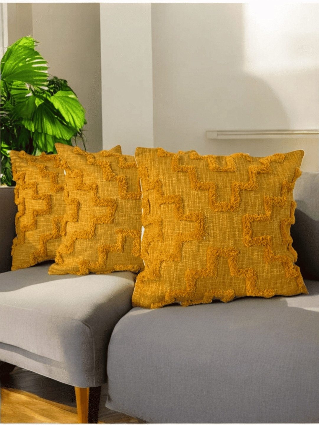 LUSHLYF Golden Weave Tufted Embroidered Cotton 3 Pcs Cushion Covers - 17.7 x 17.7 In