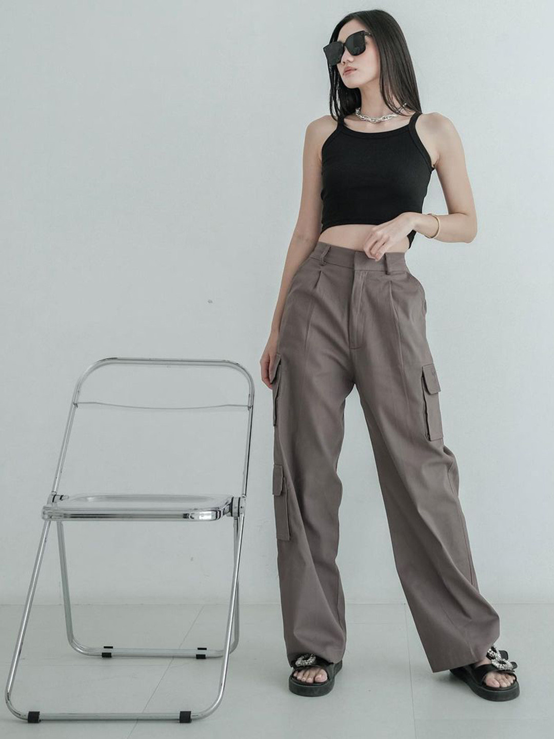HIGH BUY Women Relaxed High-Rise Pleated Cargos Trousers