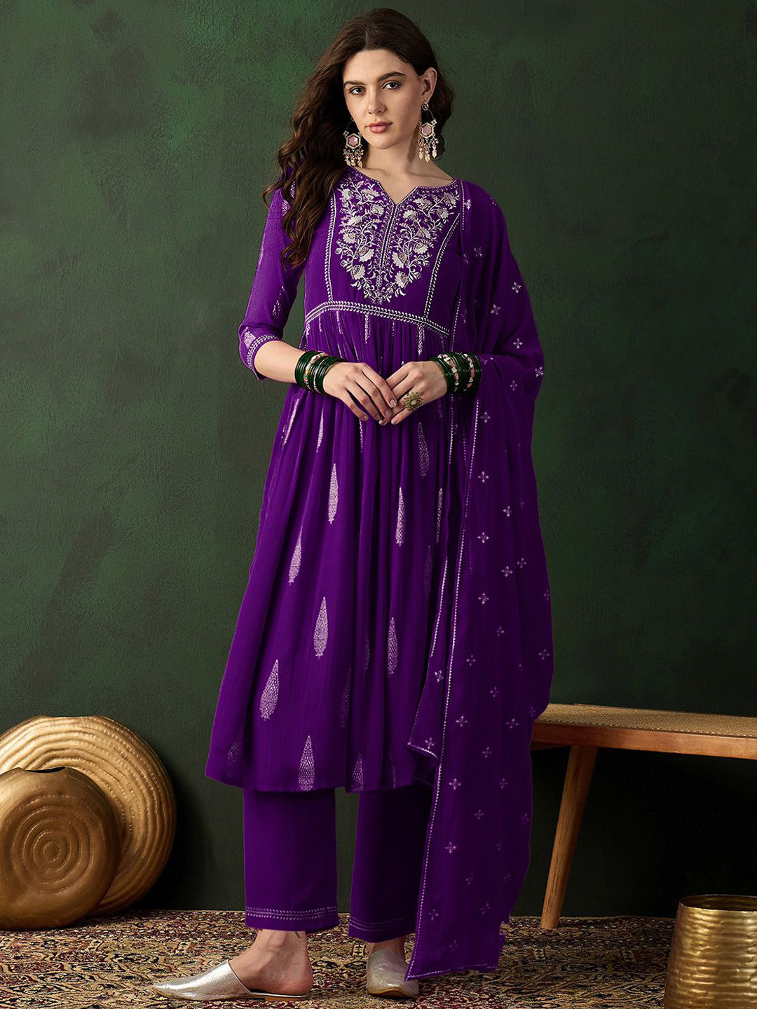 Sangria Zari Sequence Embroidered Naira Cut Kurta With Trousers & Dupatta