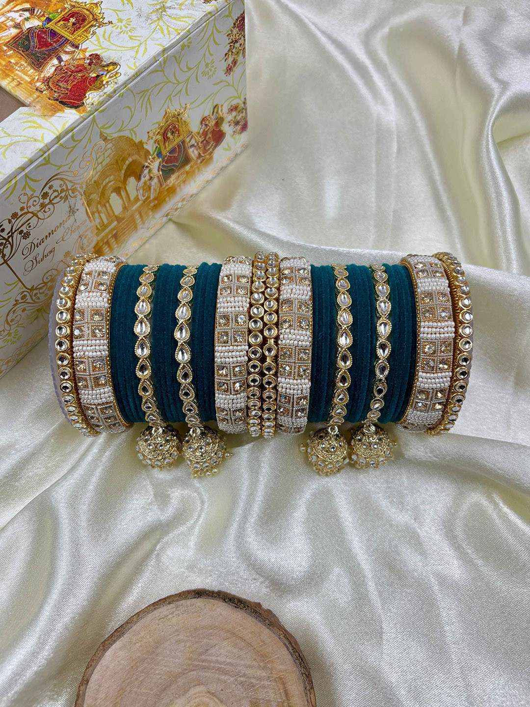 Wedding Chuda by Hitesh Set of 2 Royal Blue -Studded Golden Bangles