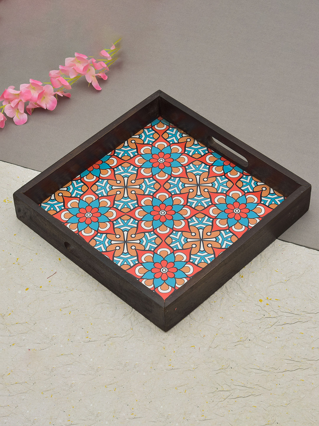 oggn Blue Floral Printed Mango Wooden Serving Tray
