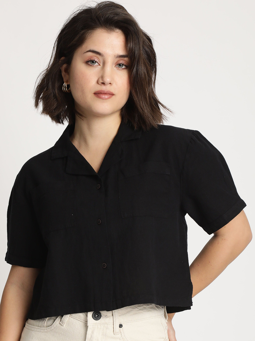 The Roadster Lifestyle Co Cotton Linen Shirt Style Cropped Top